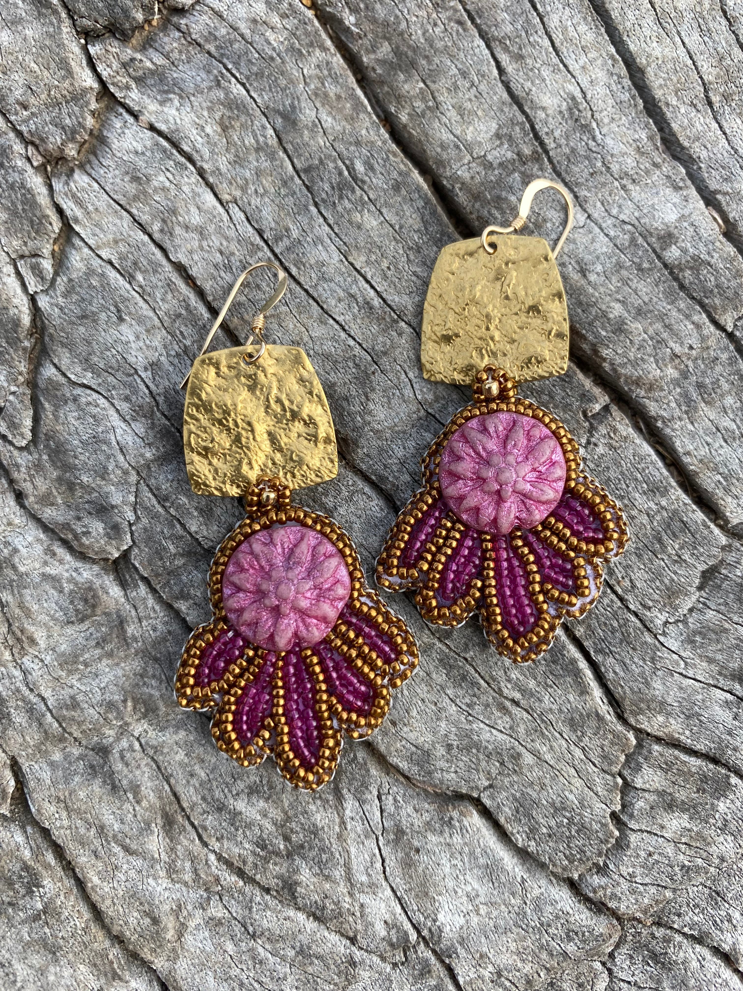Dahlia bead embroidered earrings