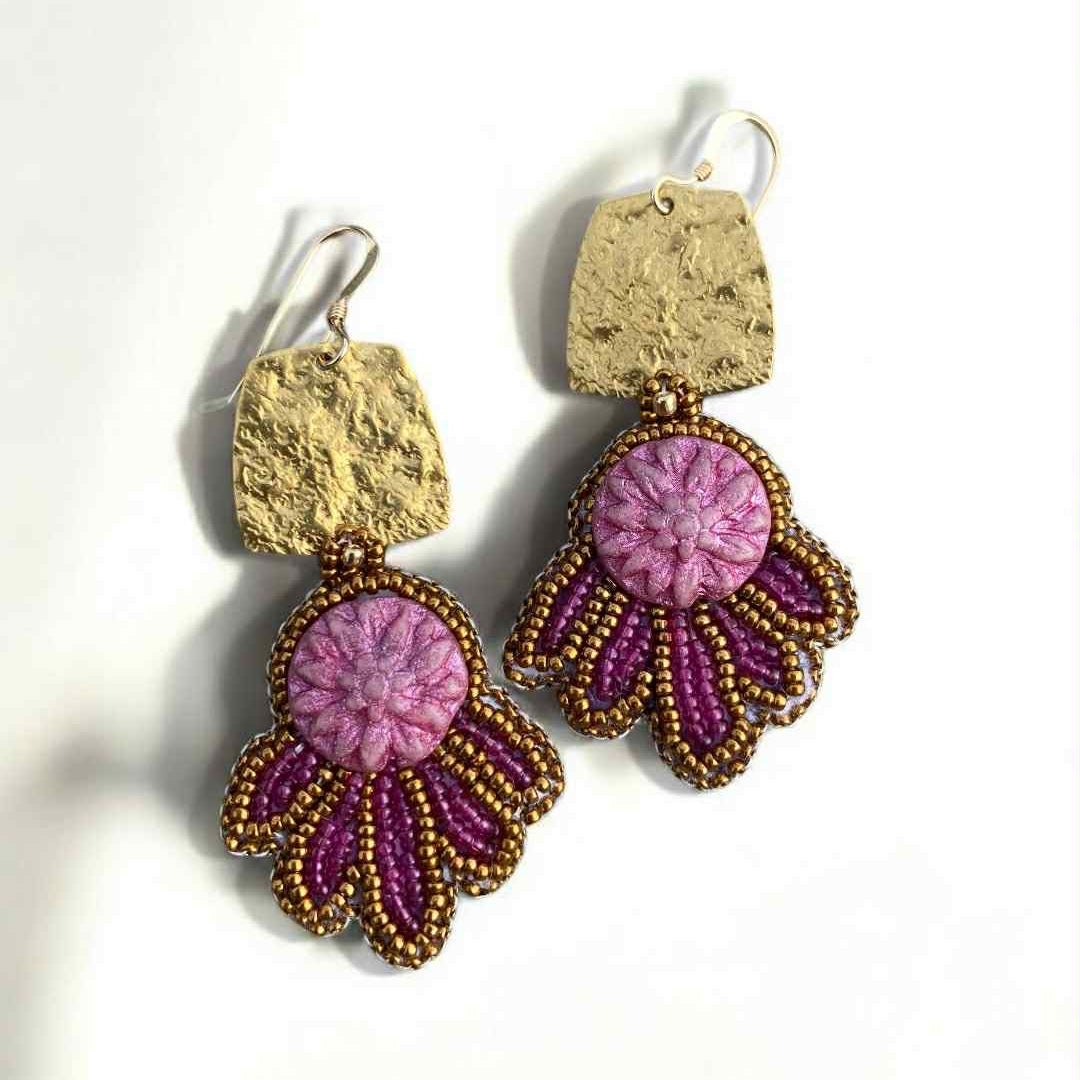 Dahlia bead embroidered earrings