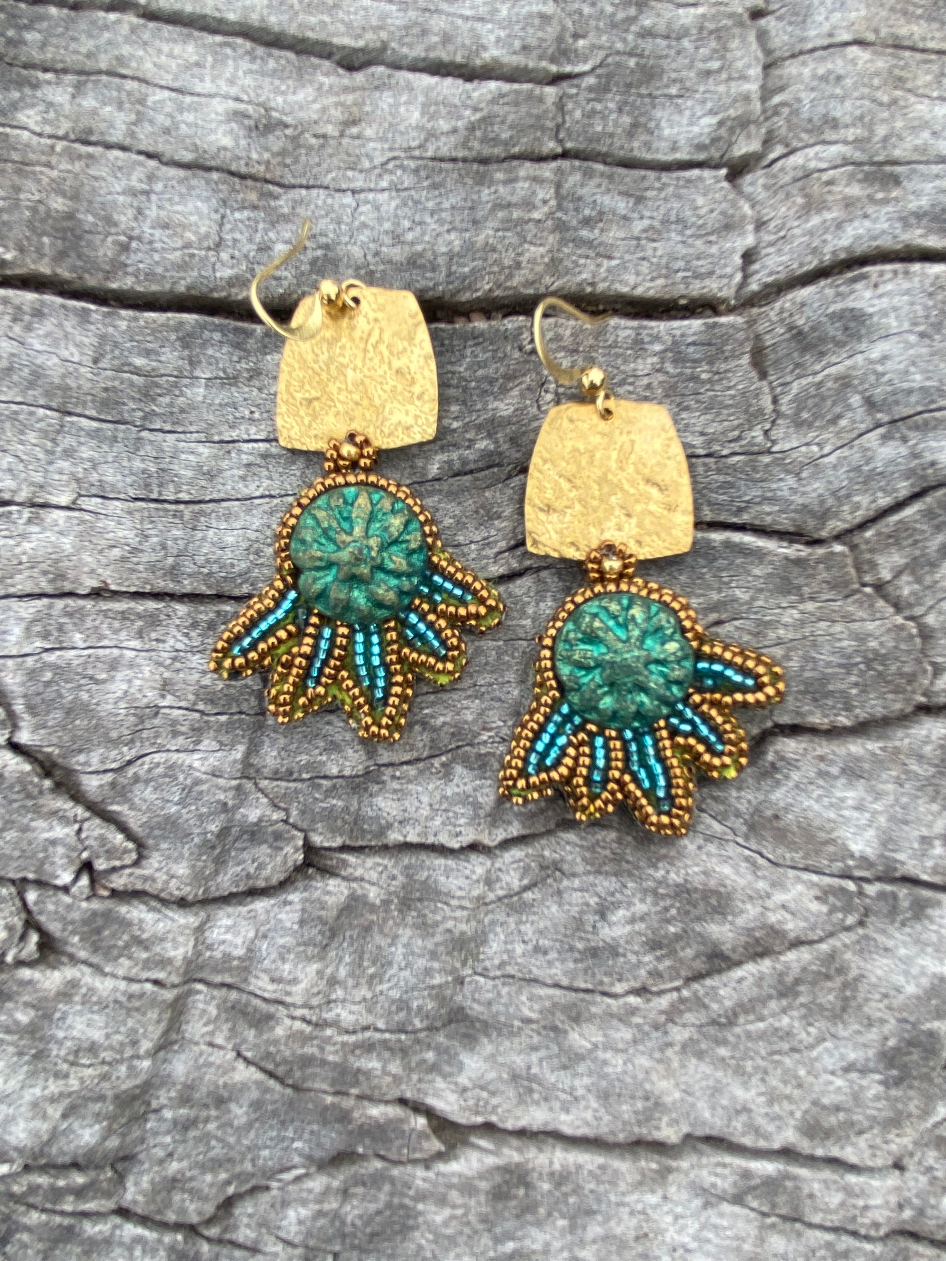 Dahlia bead embroidered earrings