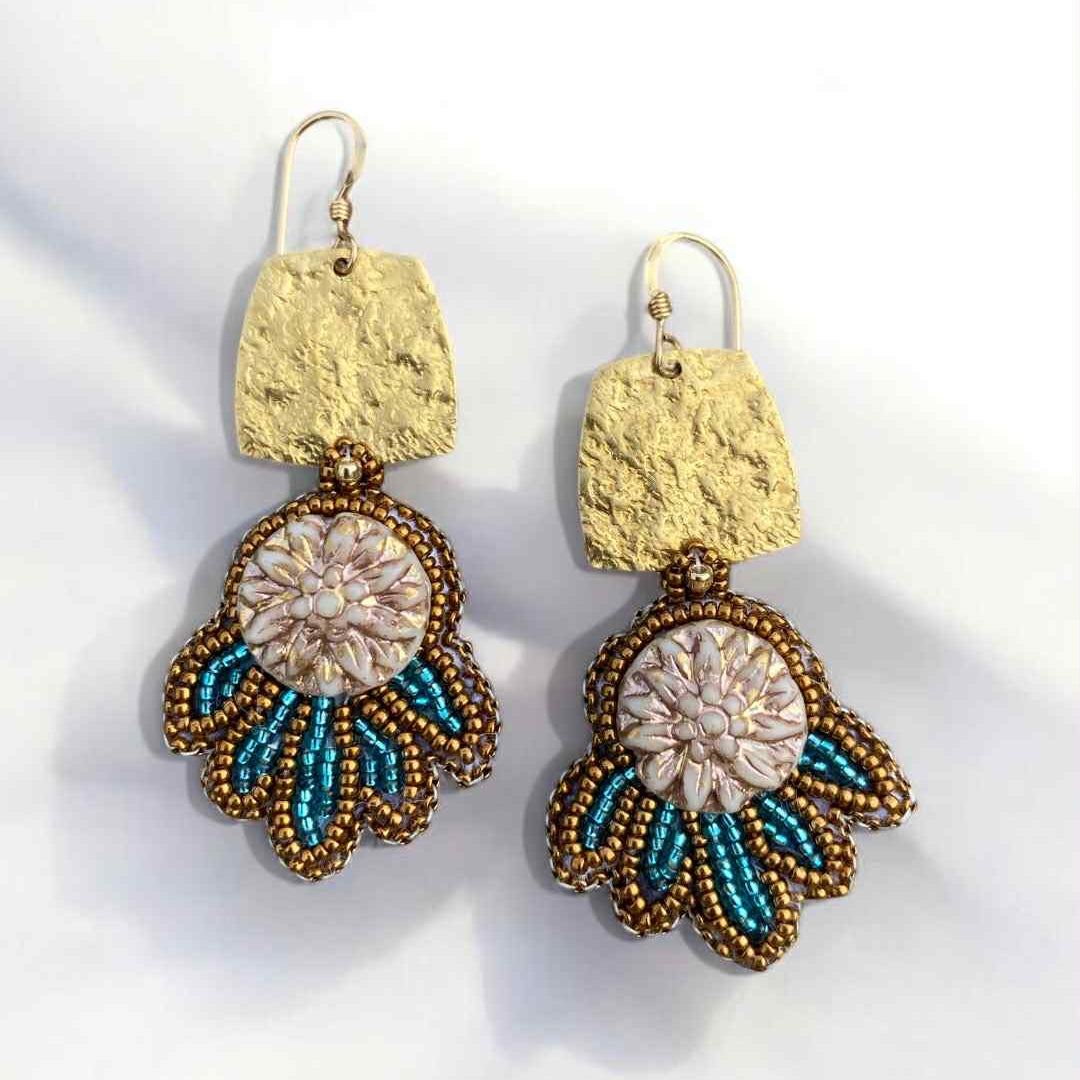 Dahlia bead embroidered earrings