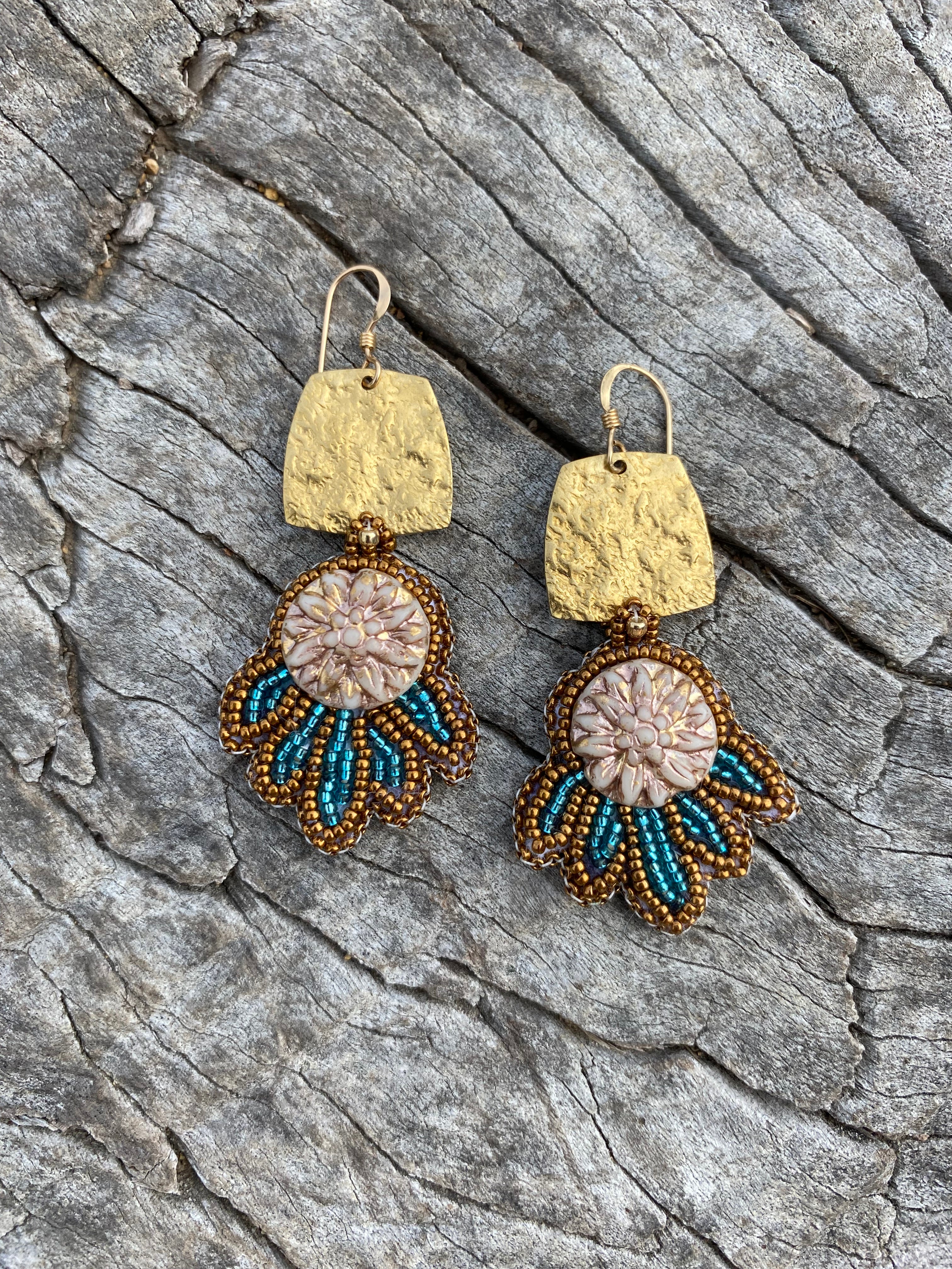 Dahlia bead embroidered earrings