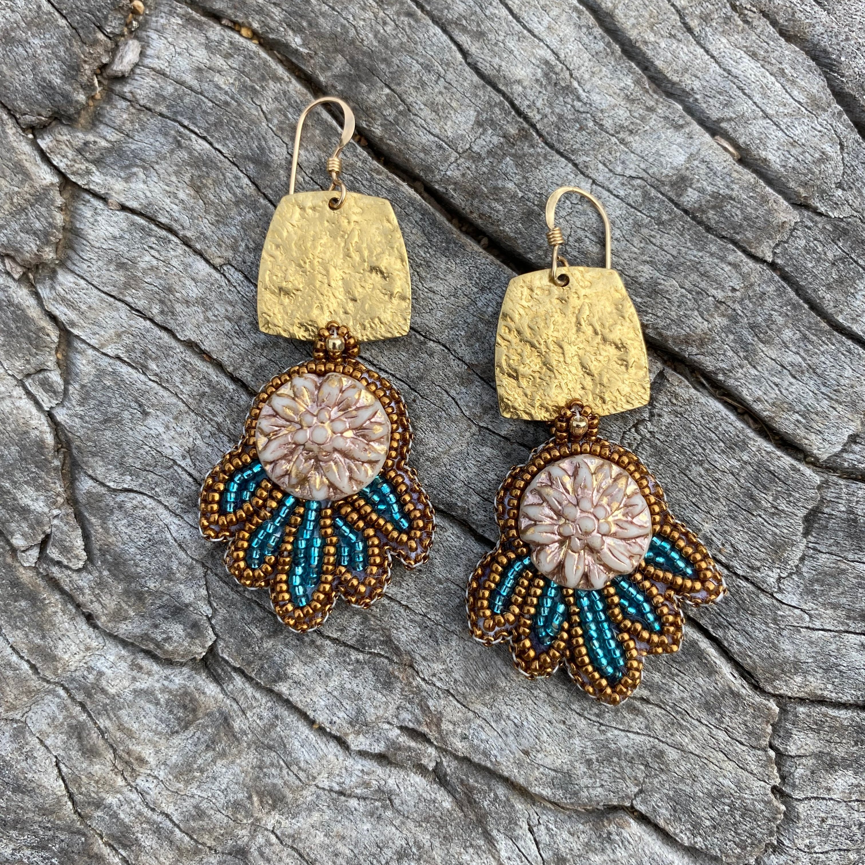 Dahlia bead embroidered earrings