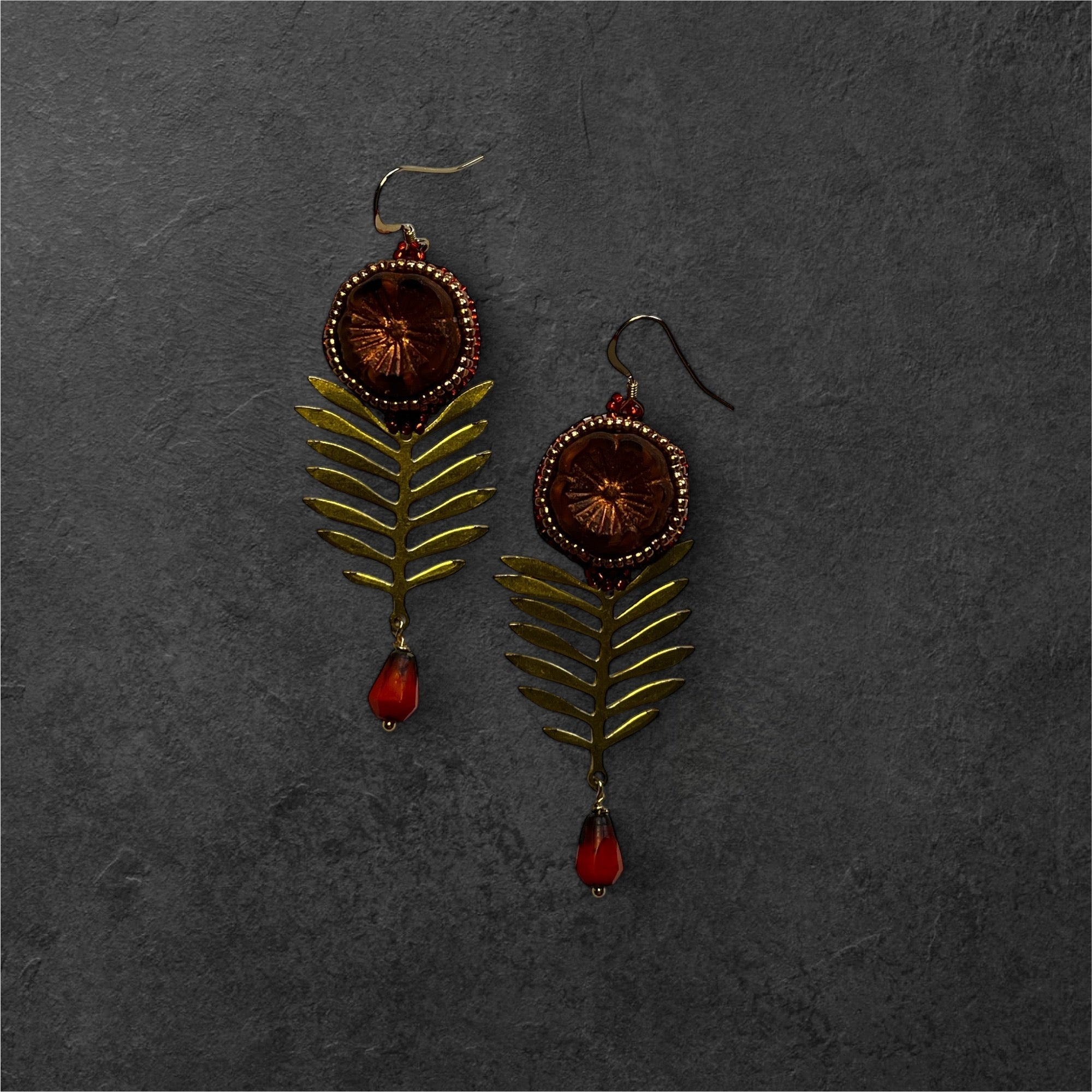 Orange Flower and brass earrings