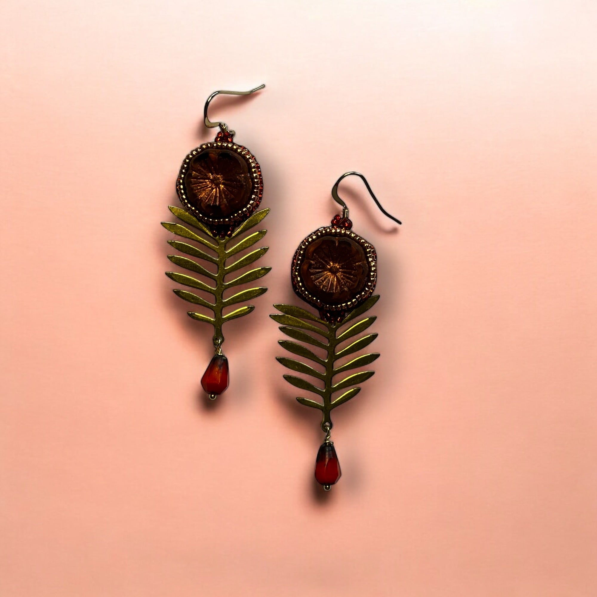 Orange Flower and brass earrings