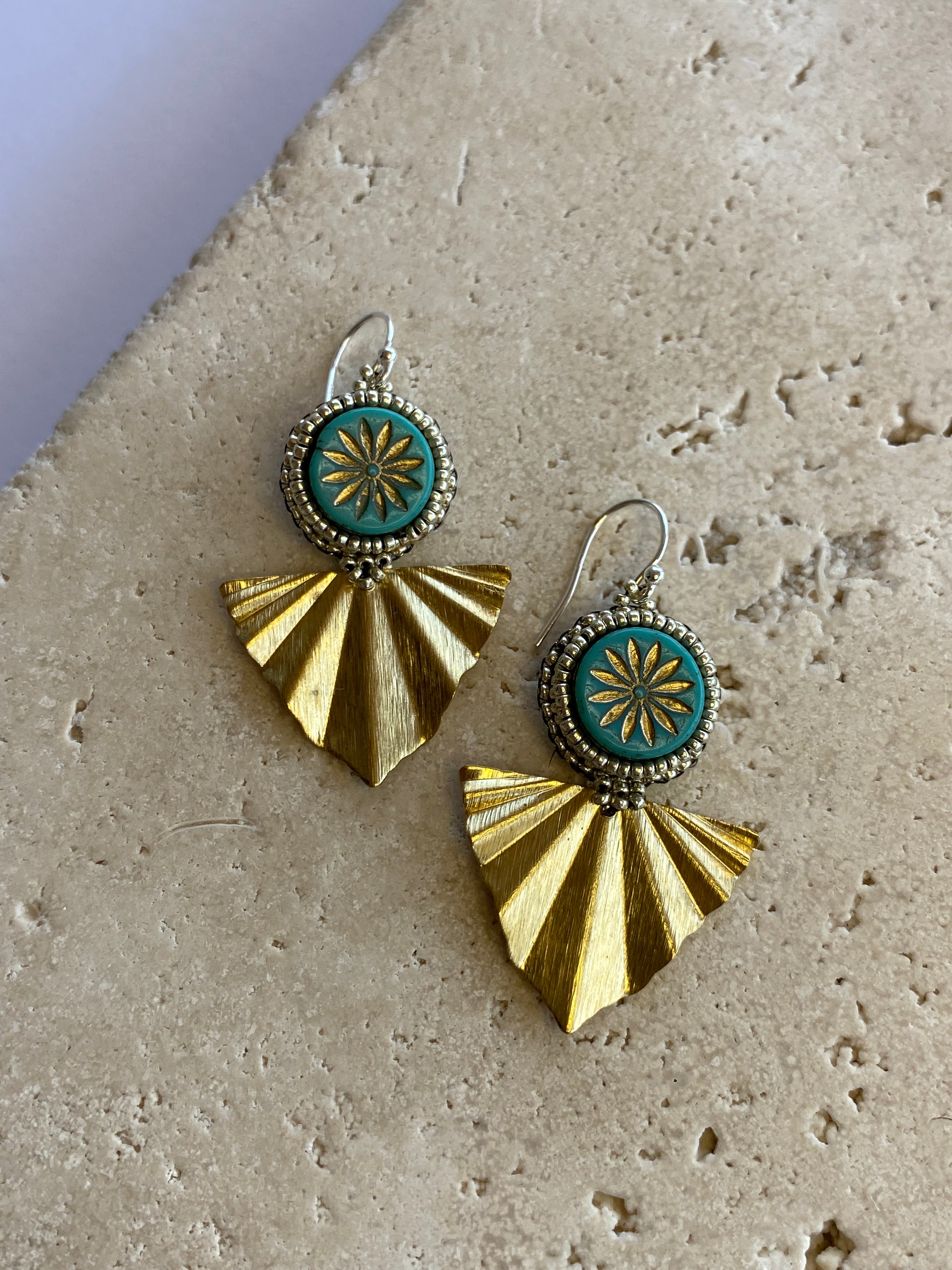 Bead Embroidered flower and brass fan earrings