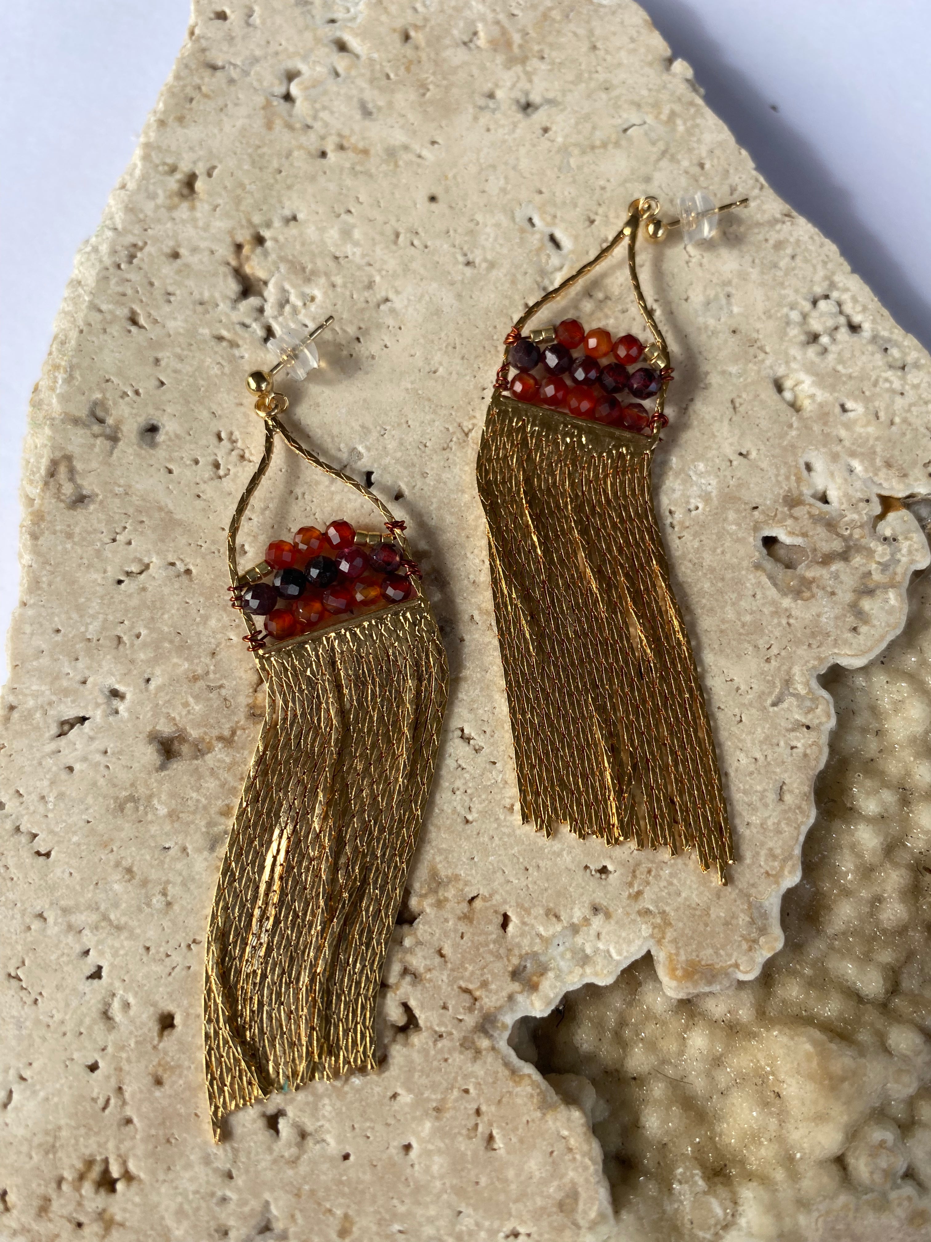 Gold Fringe and Gemstone Earrings