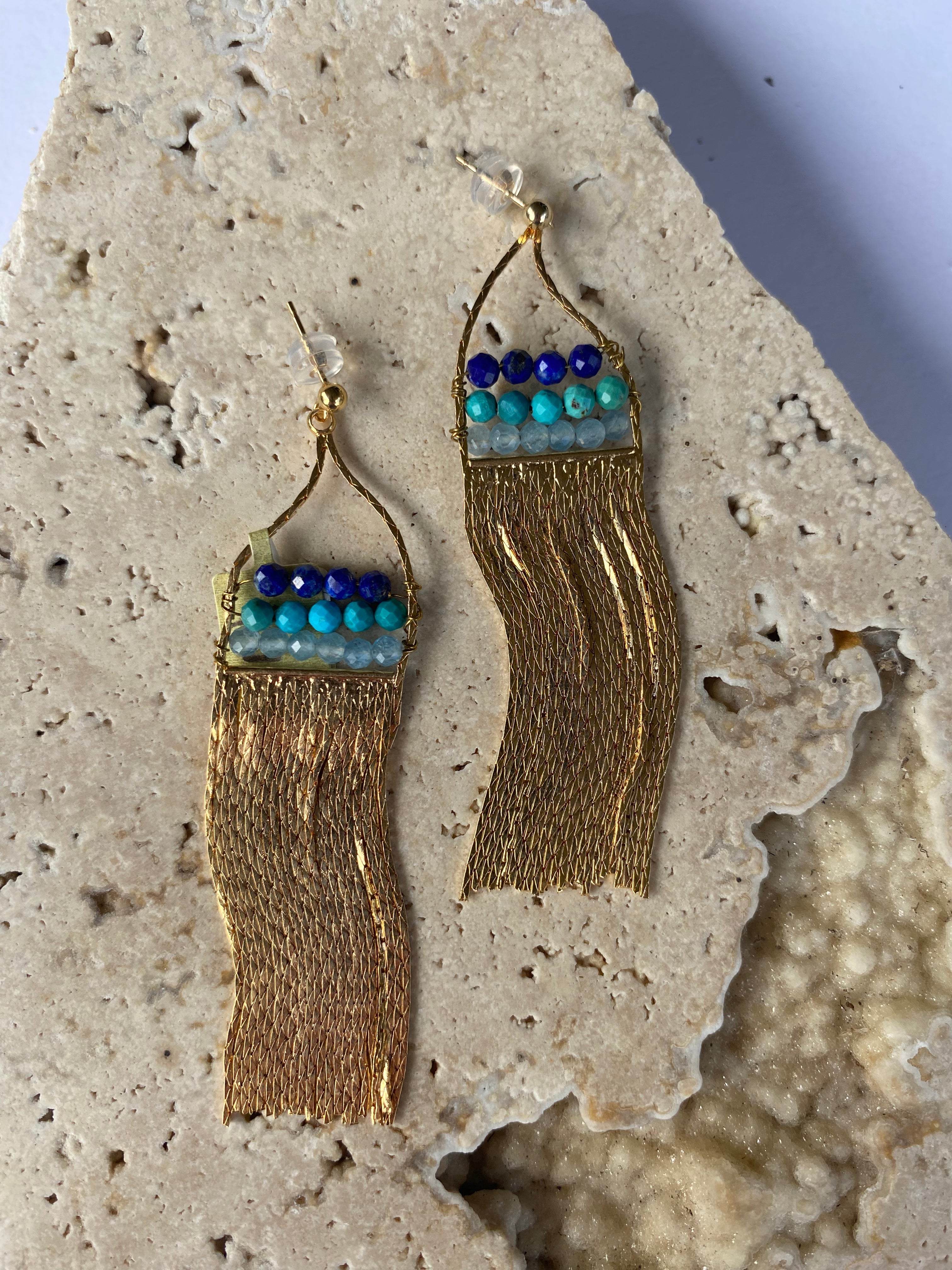 Gold Fringe and Gemstone Earrings